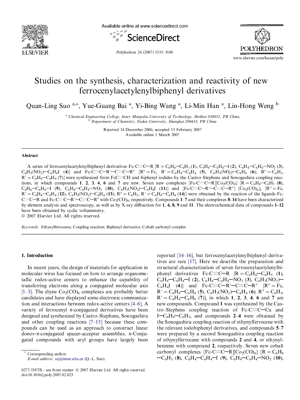 عکس صفحه اول مقاله: Studies on the synthesis, characterization and reactivity of new ferrocenylacetylenylbiphenyl derivatives Studies on the synthesis, characterization and reactivity of new ferrocenylacetylenylbiphenyl derivatives