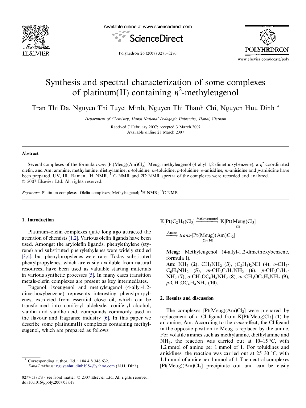 عکس صفحه اول مقاله: Synthesis and spectral characterization of some complexes of platinum(II) containing η2-methyleugenol Synthesis and spectral characterization of some complexes of platinum(II) containing η2-methyleugenol