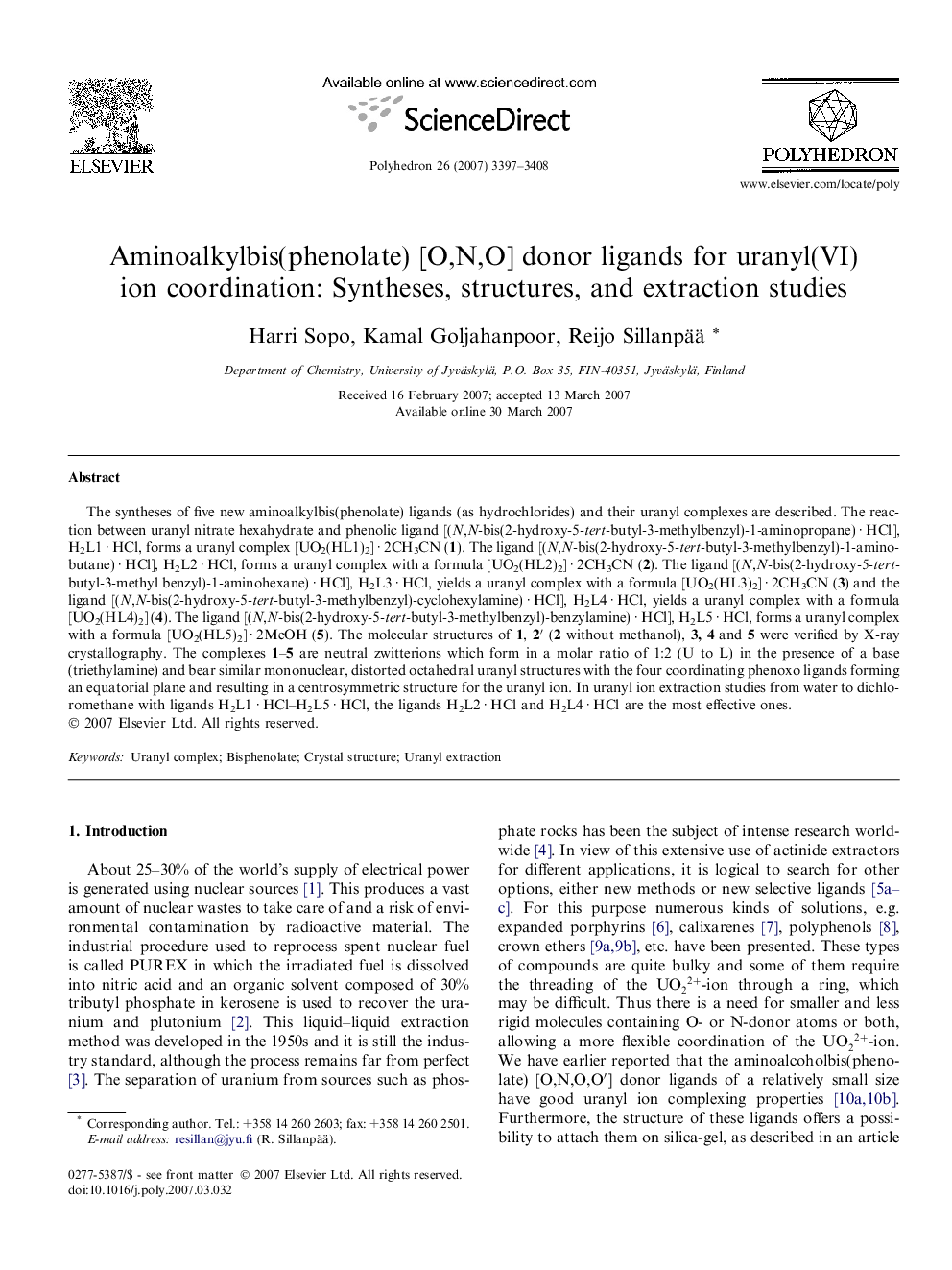 Aminoalkylbis(phenolate) [O,N,O] donor ligands for uranyl(VI) ion coordination: Syntheses, structures, and extraction studies