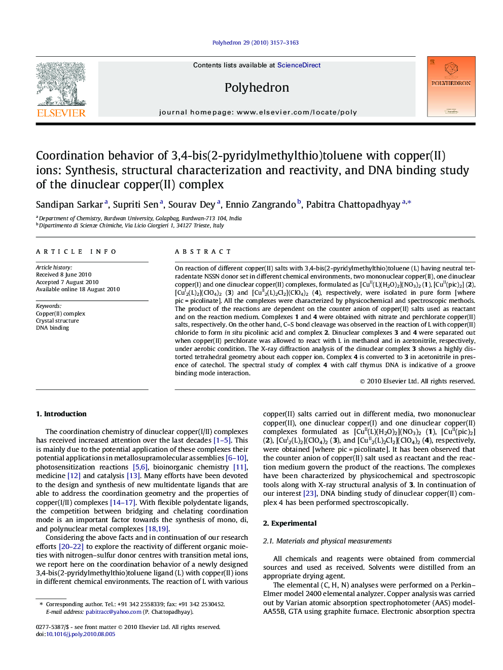 Coordination behavior of 3,4-bis(2-pyridylmethylthio)toluene with copper(II) ions: Synthesis, structural characterization and reactivity, and DNA binding study of the dinuclear copper(II) complex