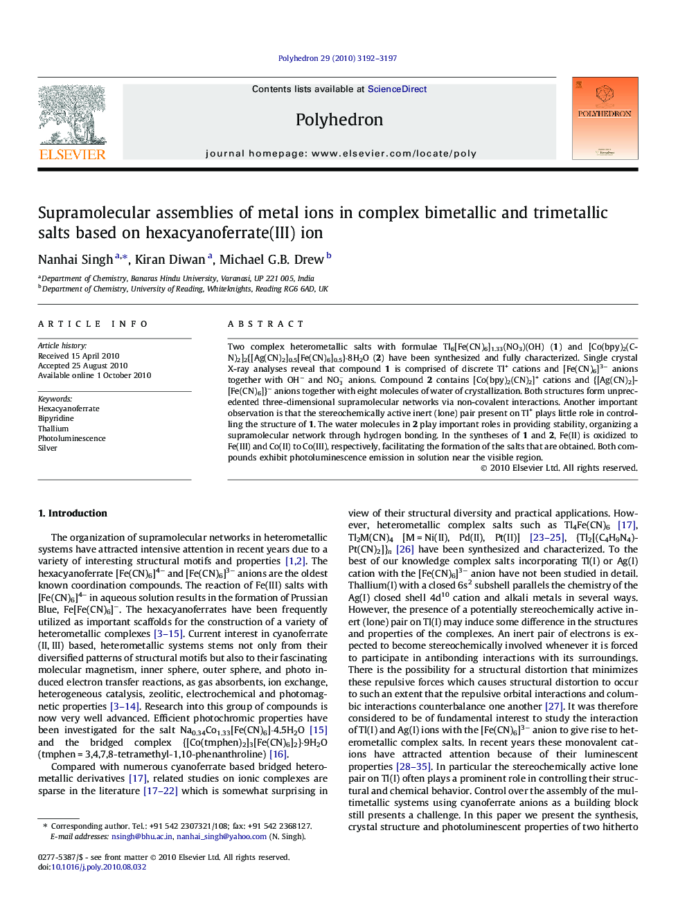 Supramolecular assemblies of metal ions in complex bimetallic and trimetallic salts based on hexacyanoferrate(III) ion