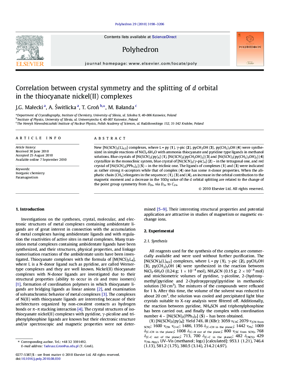 Correlation between crystal symmetry and the splitting of d orbital in the thiocyanate nickel(II) complexes