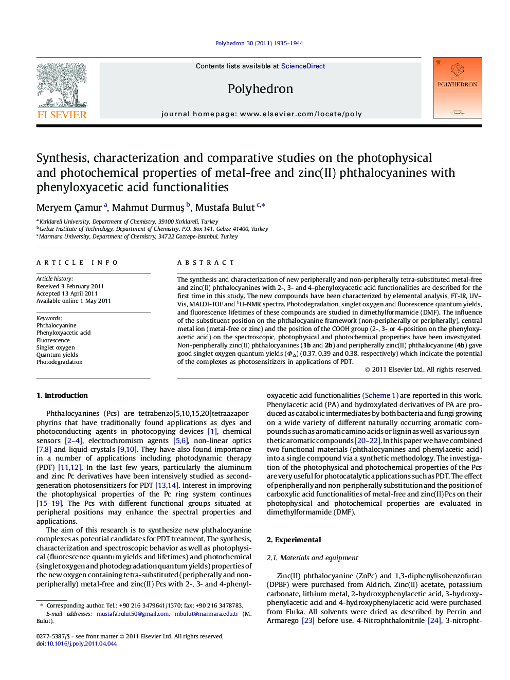 Synthesis, characterization and comparative studies on the photophysical and photochemical properties of metal-free and zinc(II) phthalocyanines with phenyloxyacetic acid functionalities