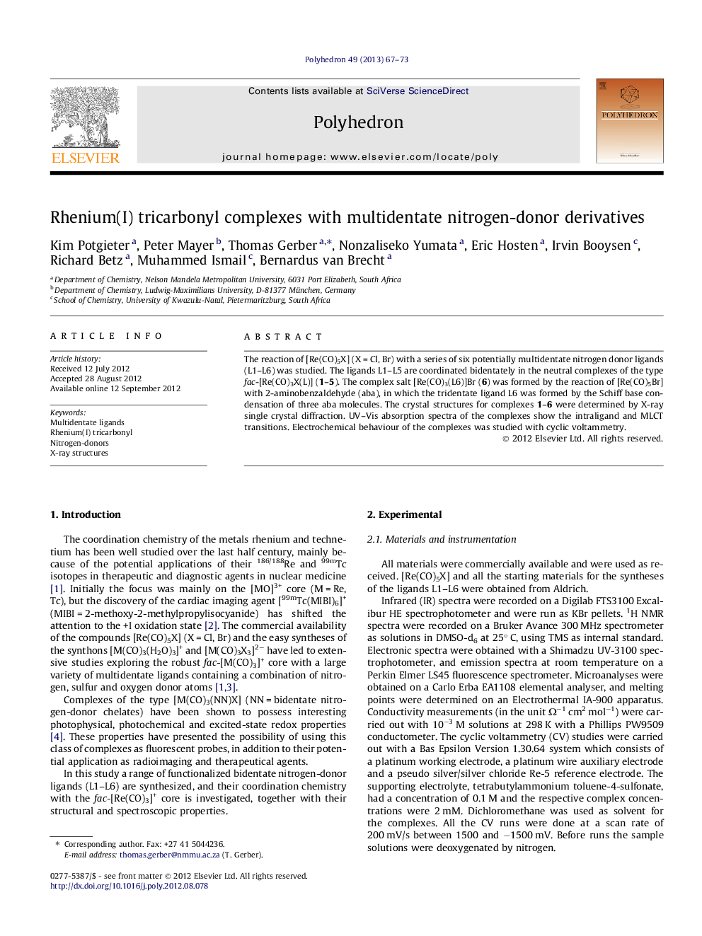 Rhenium(I) tricarbonyl complexes with multidentate nitrogen-donor derivatives