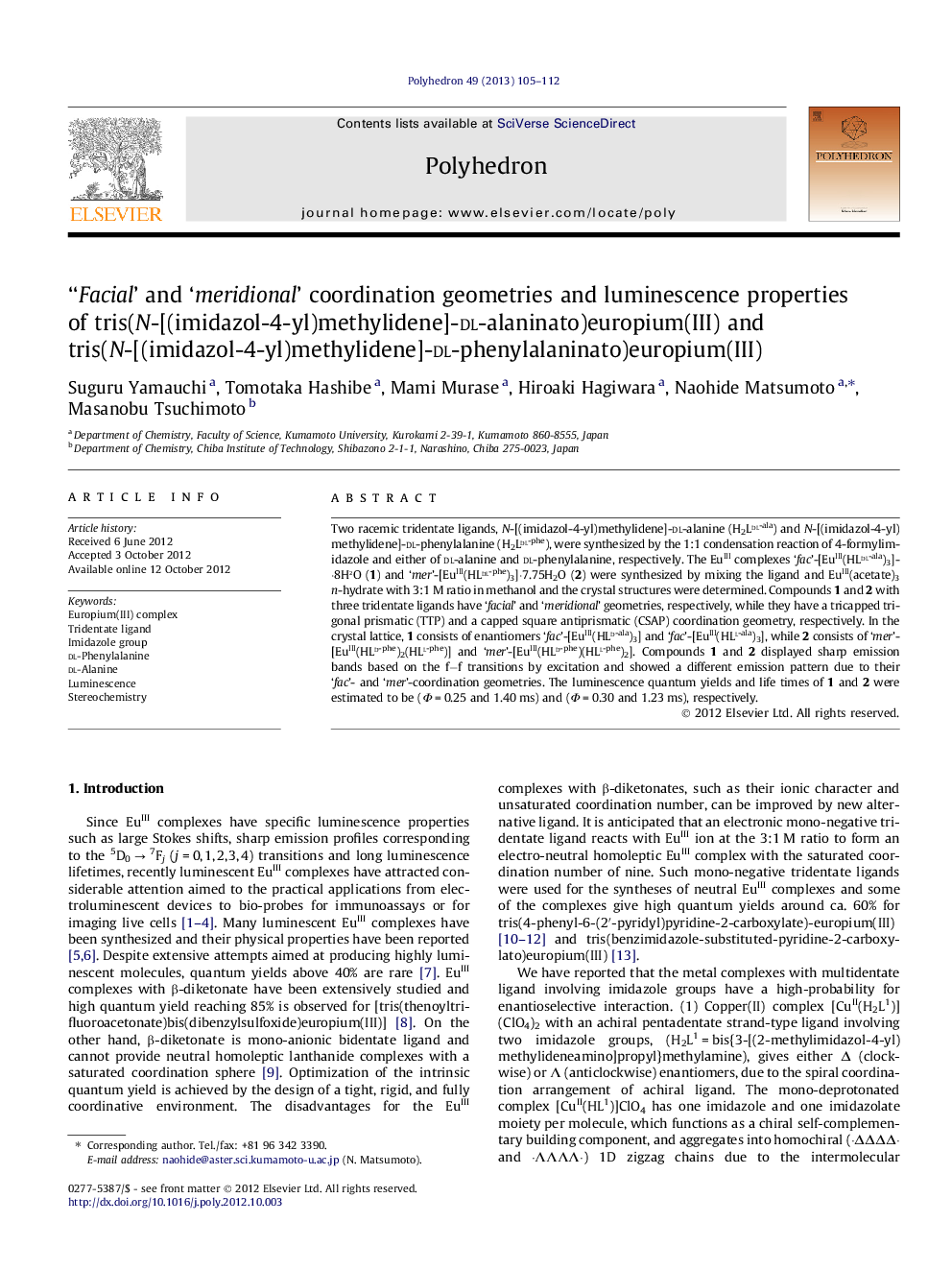 ‘Facial’ and ‘meridional’ coordination geometries and luminescence properties of tris(N-[(imidazol-4-yl)methylidene]-dl-alaninato)europium(III) and tris(N-[(imidazol-4-yl)methylidene]-dl-phenylalaninato)europium(III)
