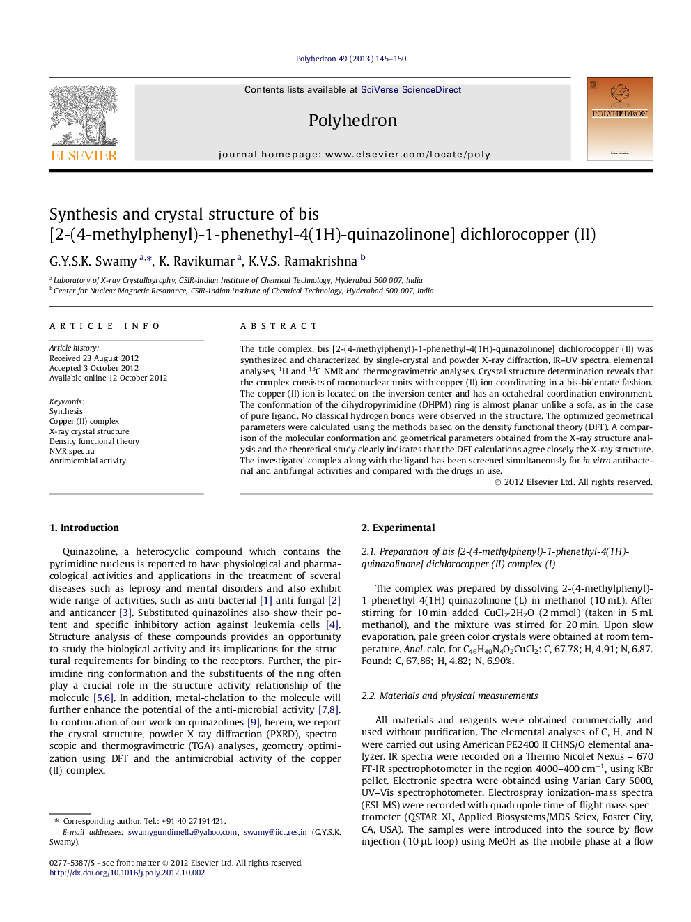 Synthesis and crystal structure of bis [2-(4-methylphenyl)-1-phenethyl-4(1H)-quinazolinone] dichlorocopper (II)