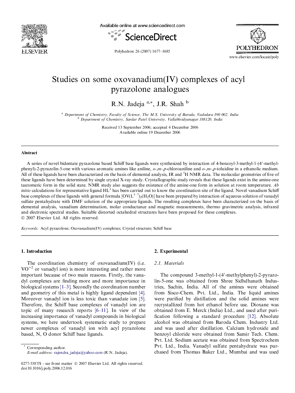Studies on some oxovanadium(IV) complexes of acyl pyrazolone analogues