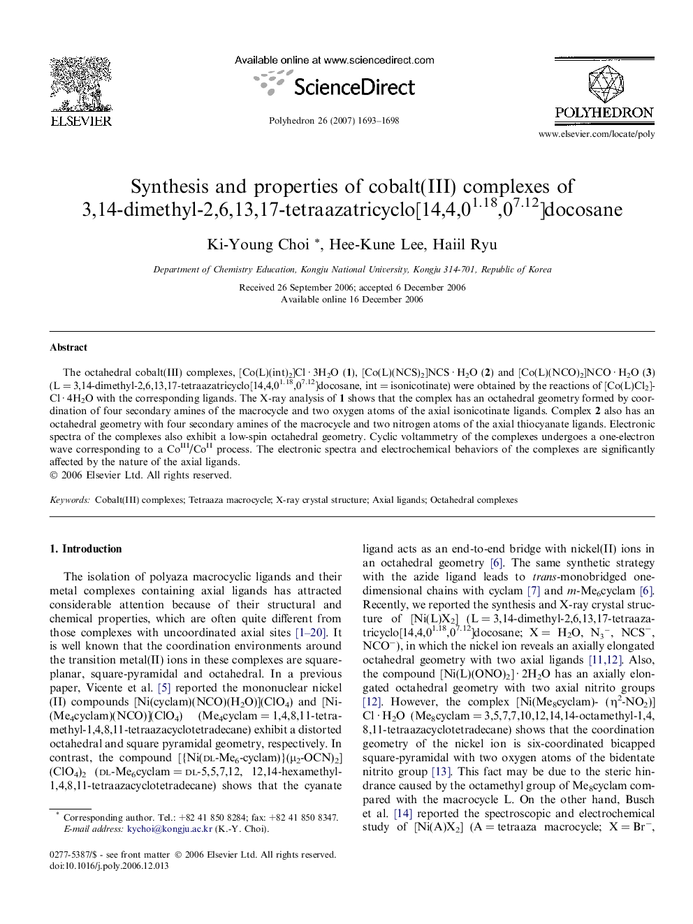 Synthesis and properties of cobalt(III) complexes of 3,14-dimethyl-2,6,13,17-tetraazatricyclo[14,4,01.18,07.12]docosane