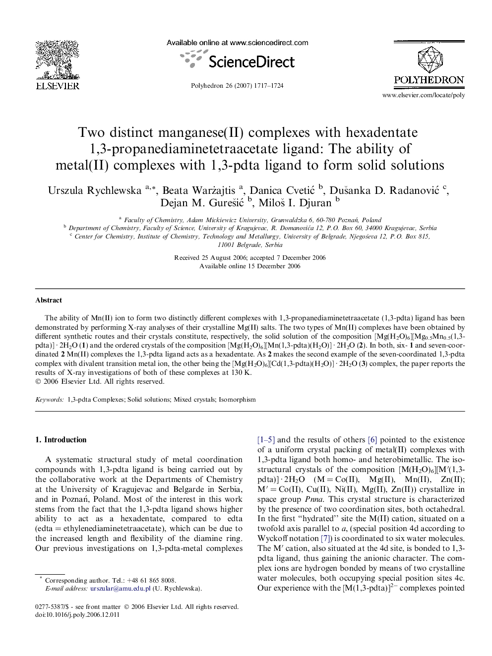 Two distinct manganese(II) complexes with hexadentate 1,3-propanediaminetetraacetate ligand: The ability of metal(II) complexes with 1,3-pdta ligand to form solid solutions