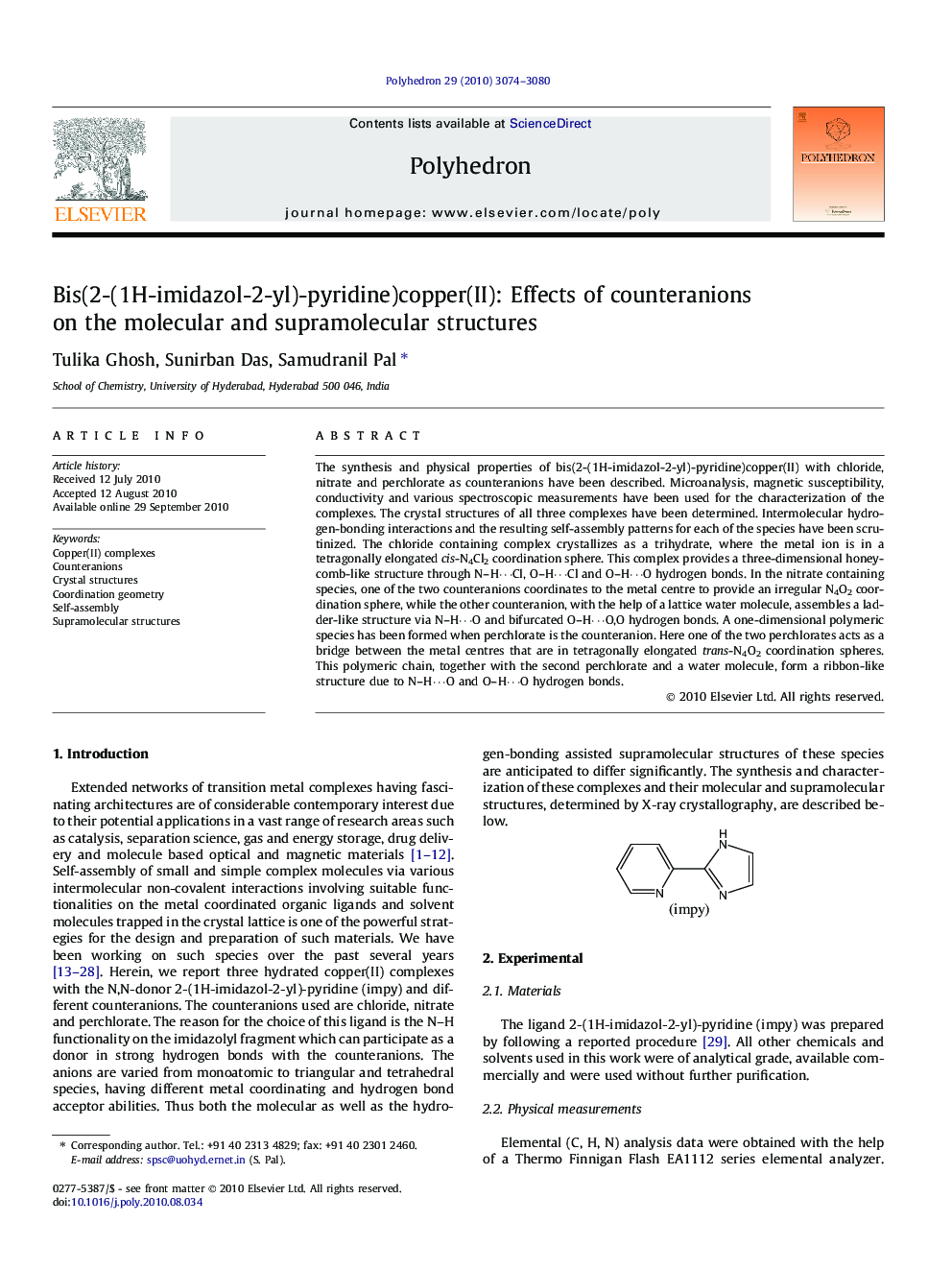 Bis(2-(1H-imidazol-2-yl)-pyridine)copper(II): Effects of counteranions on the molecular and supramolecular structures