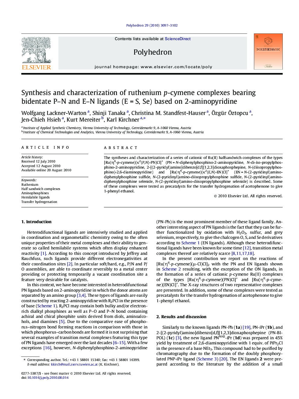 Synthesis and characterization of ruthenium p-cymene complexes bearing bidentate P–N and E–N ligands (E = S, Se) based on 2-aminopyridine