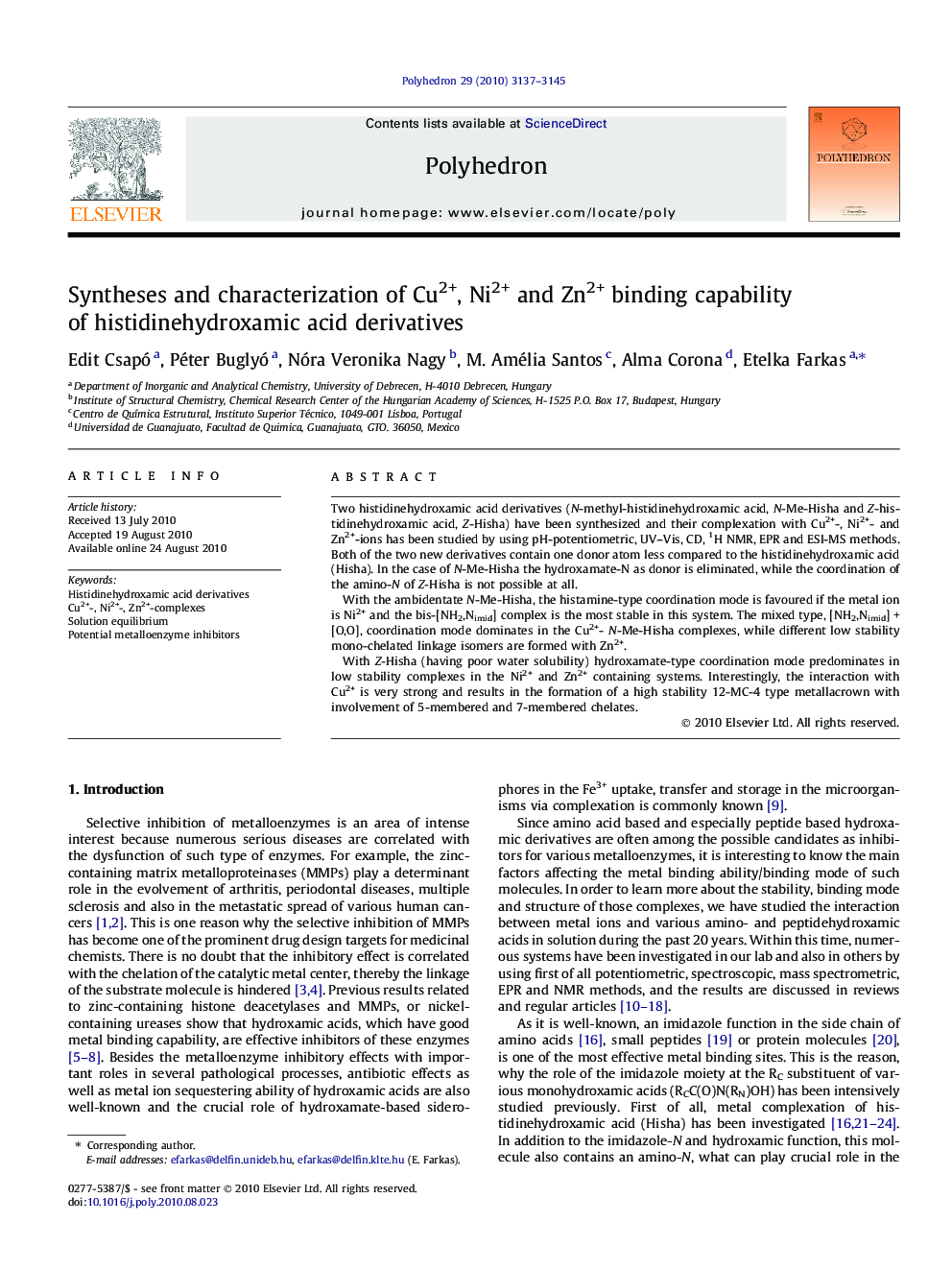 Syntheses and characterization of Cu2+, Ni2+ and Zn2+ binding capability of histidinehydroxamic acid derivatives