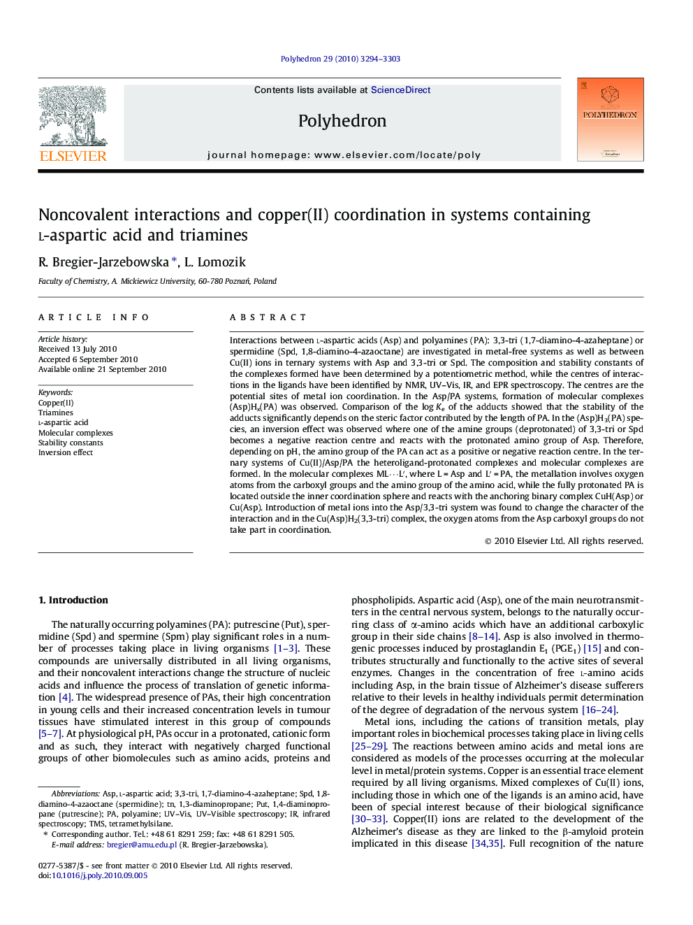 Noncovalent interactions and copper(II) coordination in systems containing l-aspartic acid and triamines