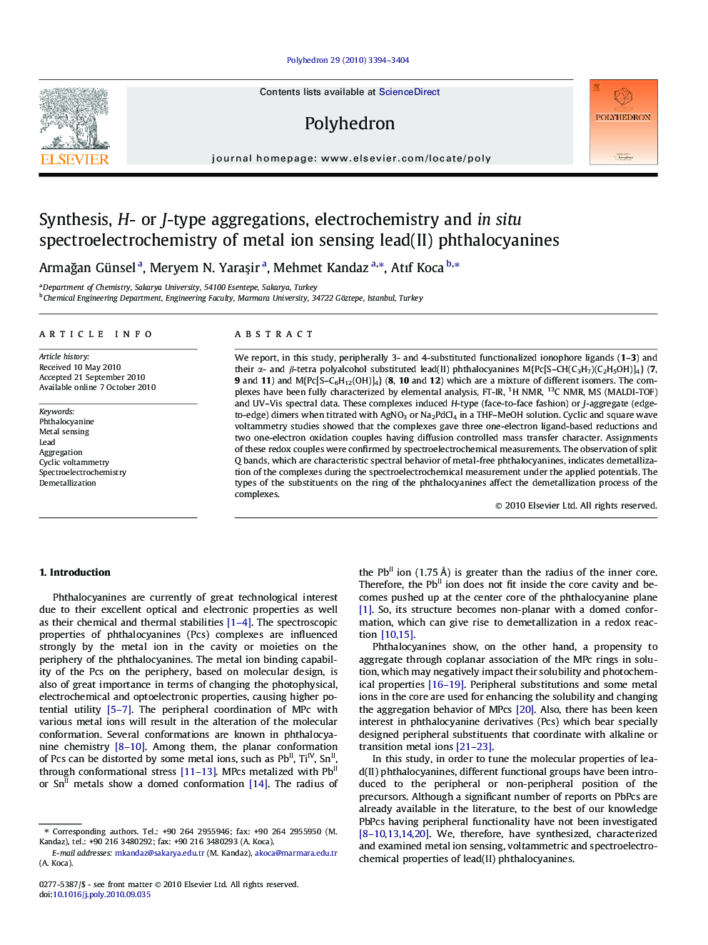 Synthesis, H- or J-type aggregations, electrochemistry and in situ spectroelectrochemistry of metal ion sensing lead(II) phthalocyanines