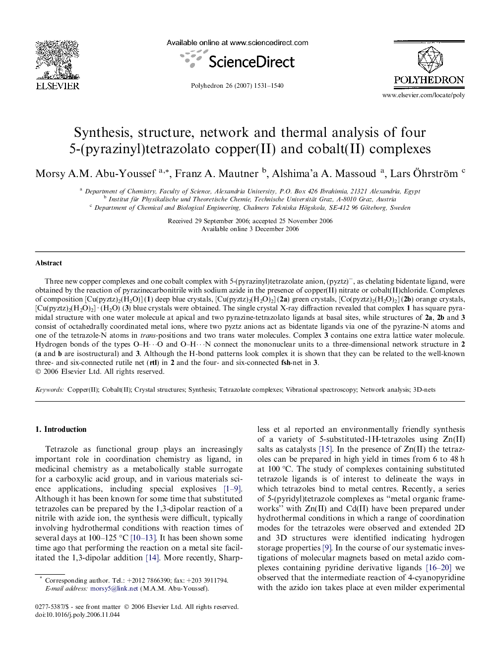 Synthesis, structure, network and thermal analysis of four 5-(pyrazinyl)tetrazolato copper(II) and cobalt(II) complexes