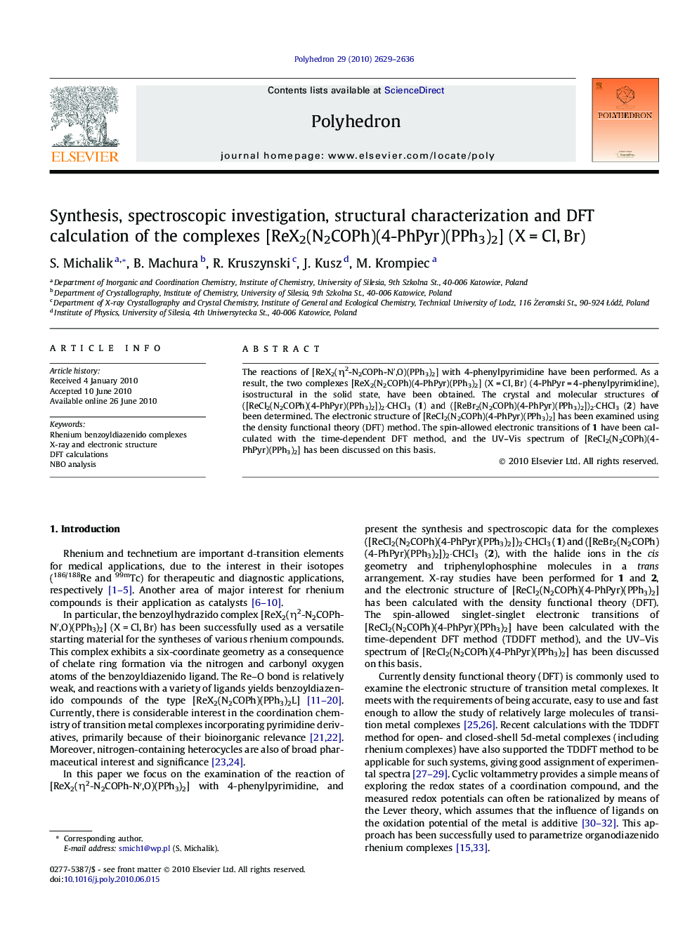 Synthesis, spectroscopic investigation, structural characterization and DFT calculation of the complexes [ReX2(N2COPh)(4-PhPyr)(PPh3)2] (X = Cl, Br)