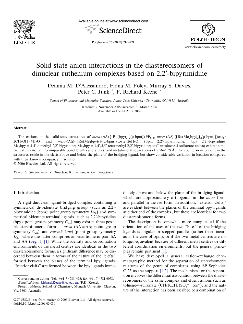 Solid-state anion interactions in the diastereoisomers of dinuclear ruthenium complexes based on 2,2′-bipyrimidine