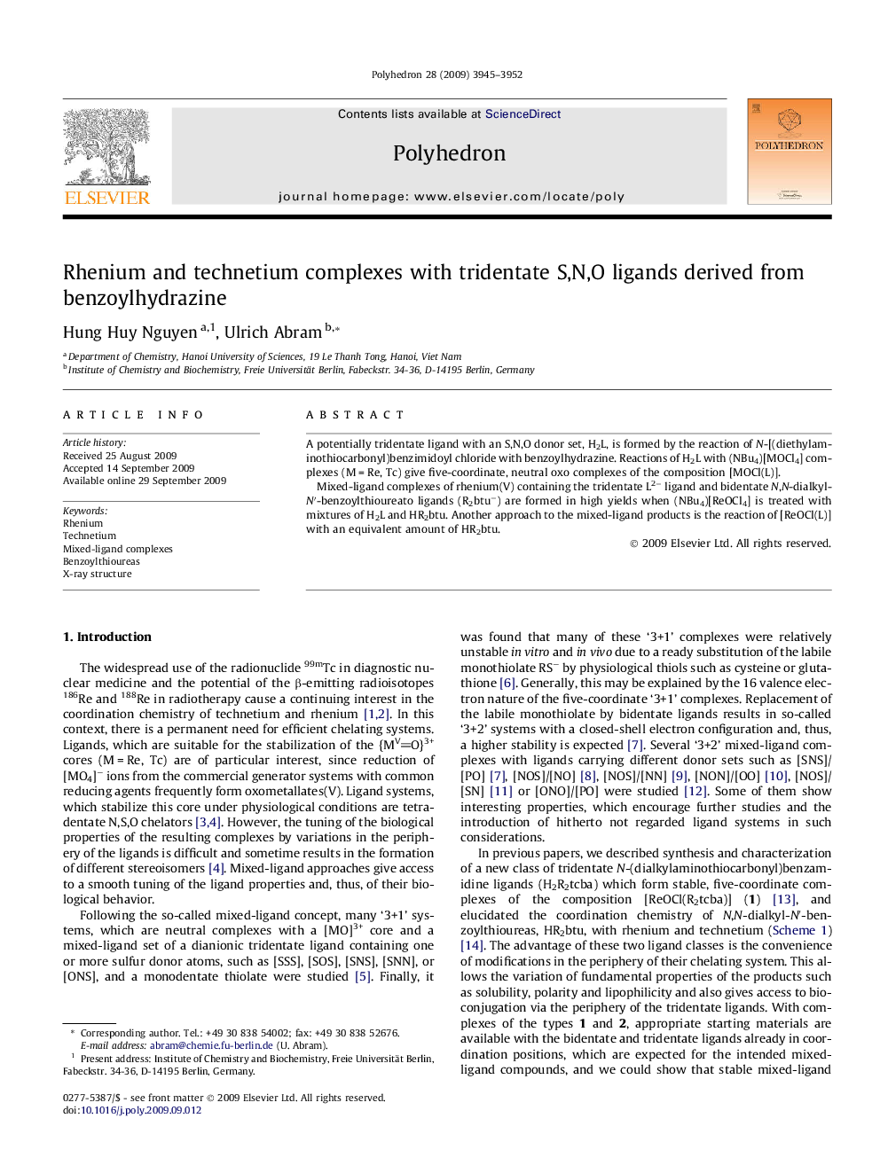 Rhenium and technetium complexes with tridentate S,N,O ligands derived from benzoylhydrazine