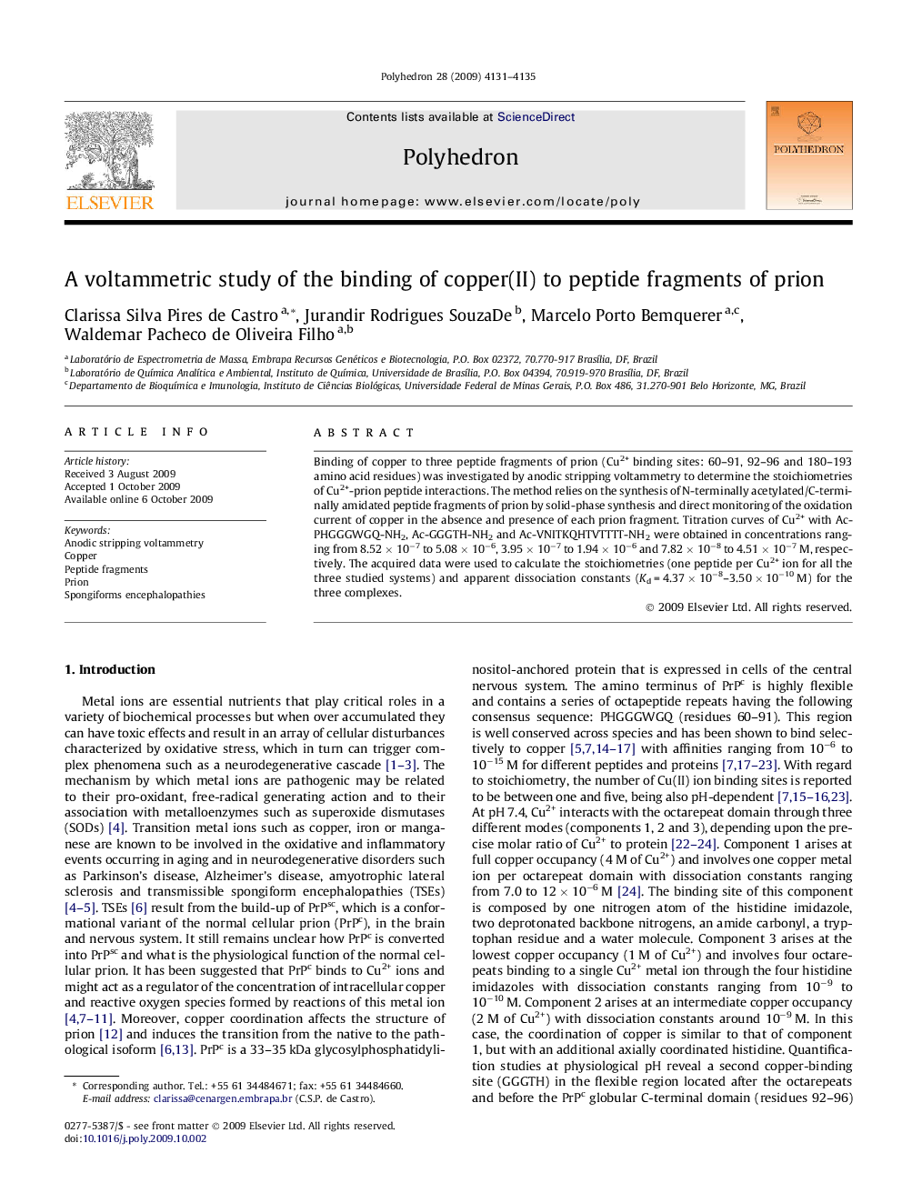 A voltammetric study of the binding of copper(II) to peptide fragments of prion