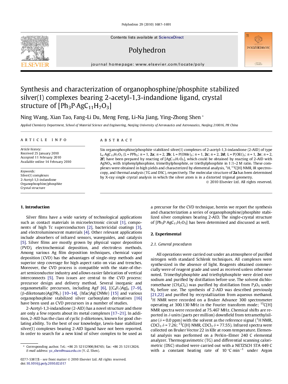 Synthesis and characterization of organophosphine/phosphite stabilized silver(I) complexes bearing 2-acetyl-1,3-indandione ligand, crystal structure of [Ph3P·AgC11H7O3]