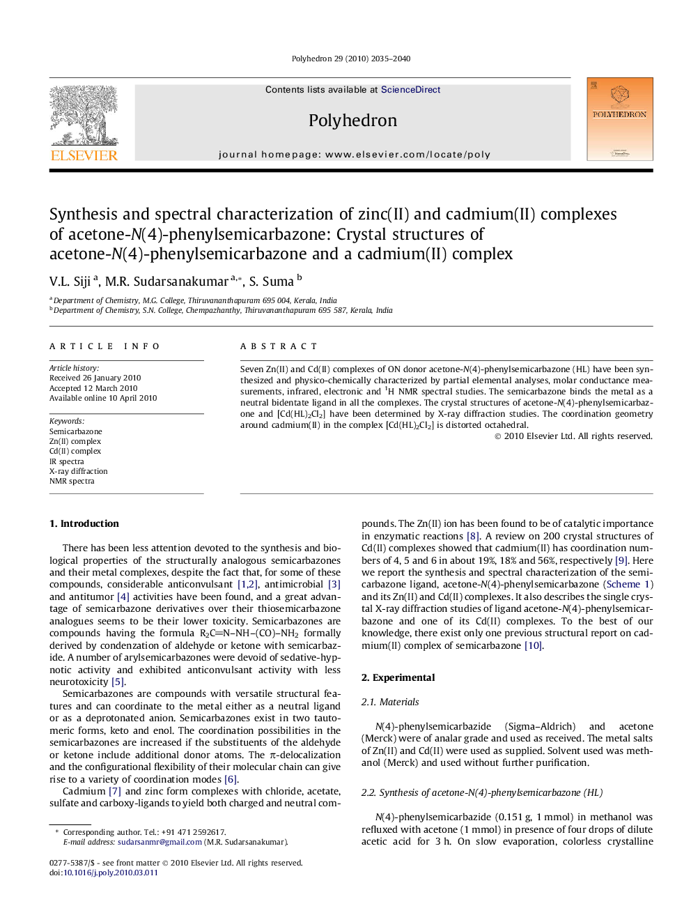 Synthesis and spectral characterization of zinc(II) and cadmium(II) complexes of acetone-N(4)-phenylsemicarbazone: Crystal structures of acetone-N(4)-phenylsemicarbazone and a cadmium(II) complex