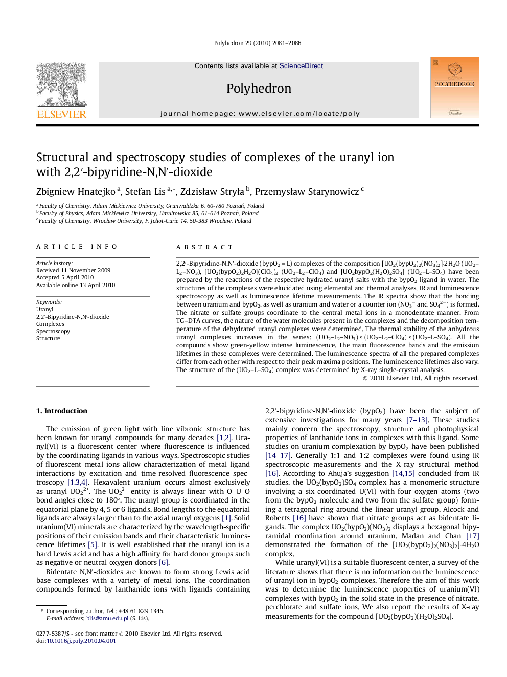 عکس صفحه اول مقاله: Structural and spectroscopy studies of complexes of the uranyl ion with 2,2′-bipyridine-N,N′-dioxide Structural and spectroscopy studies of complexes of the uranyl ion with 2,2′-bipyridine-N,N′-dioxide