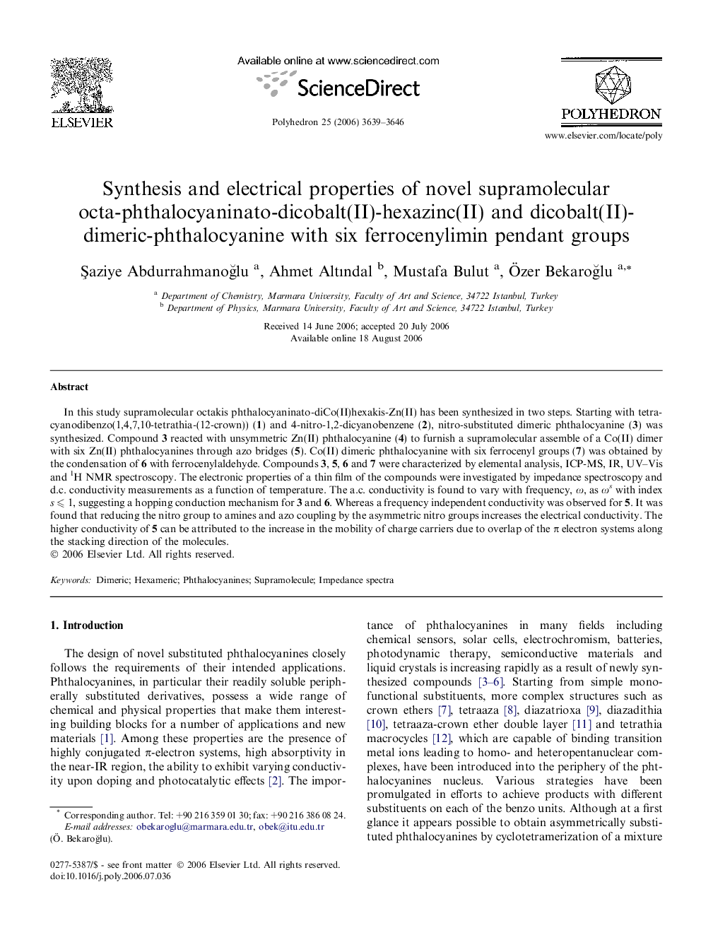 Synthesis and electrical properties of novel supramolecular octa-phthalocyaninato-dicobalt(II)-hexazinc(II) and dicobalt(II)-dimeric-phthalocyanine with six ferrocenylimin pendant groups