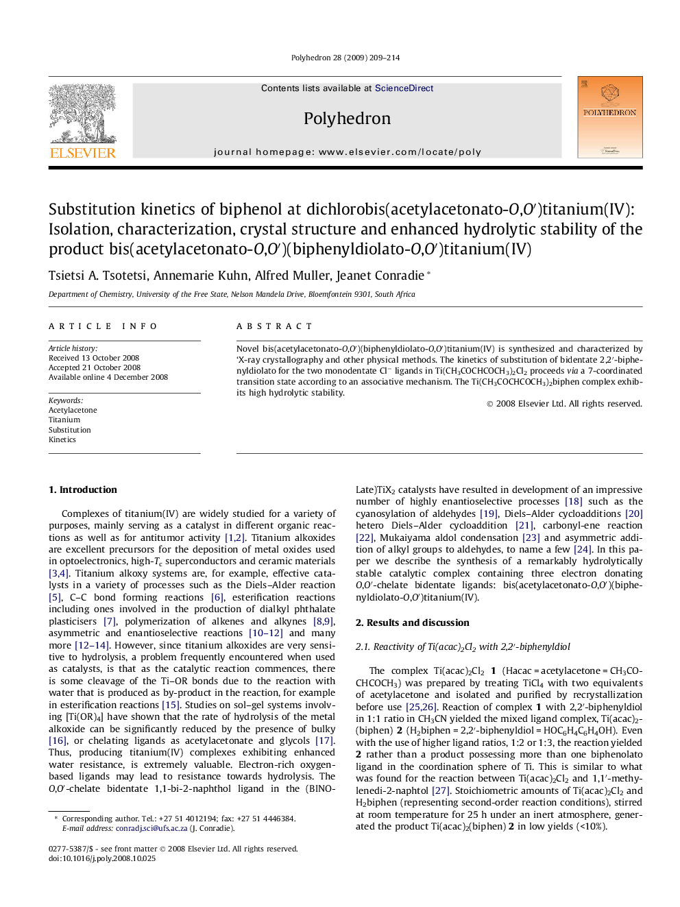 Substitution kinetics of biphenol at dichlorobis(acetylacetonato-O,O′)titanium(IV): Isolation, characterization, crystal structure and enhanced hydrolytic stability of the product bis(acetylacetonato-O,O′)(biphenyldiolato-O,O′)titanium(IV)