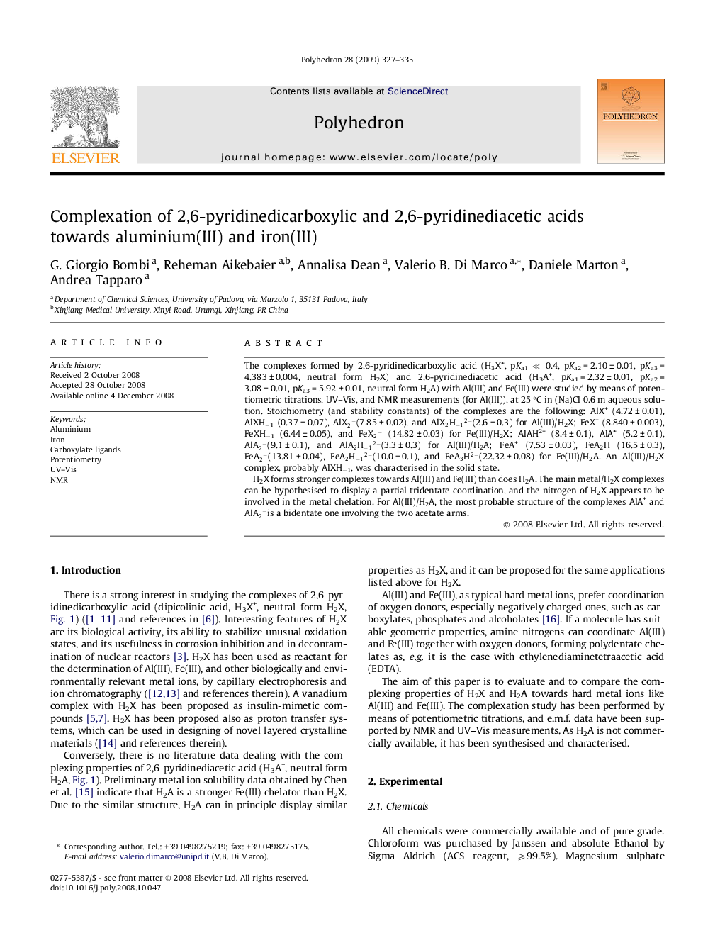 عکس صفحه اول مقاله: Complexation of 2,6-pyridinedicarboxylic and 2,6-pyridinediacetic acids towards aluminium(III) and iron(III) Complexation of 2,6-pyridinedicarboxylic and 2,6-pyridinediacetic acids towards aluminium(III) and iron(III)