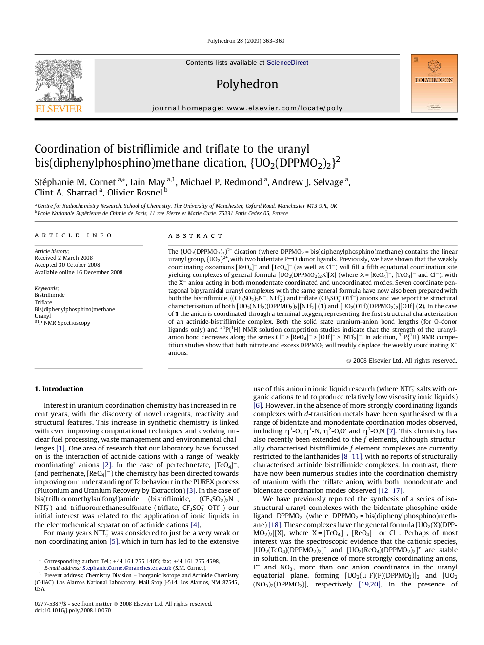 Coordination of bistriflimide and triflate to the uranyl bis(diphenylphosphino)methane dication, {UO2(DPPMO2)2}2+