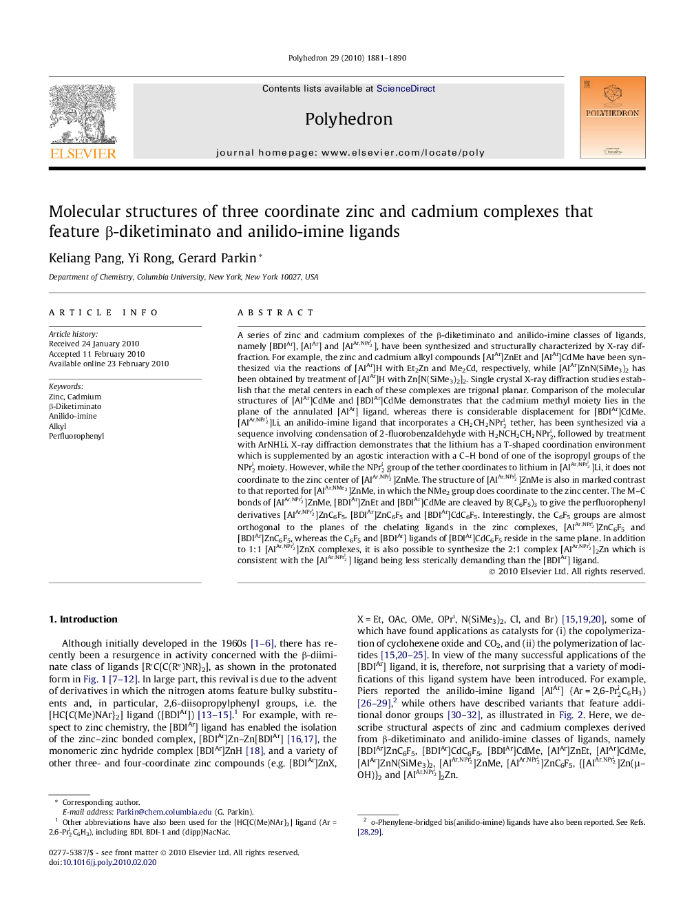 Molecular structures of three coordinate zinc and cadmium complexes that feature β-diketiminato and anilido-imine ligands