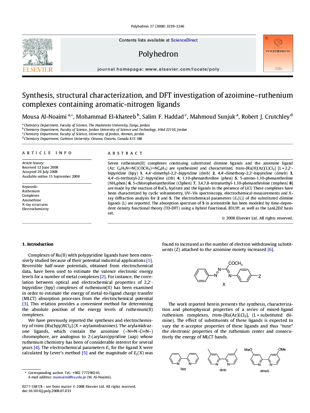 Synthesis, structural characterization, and DFT investigation of azoimine–ruthenium complexes containing aromatic-nitrogen ligands