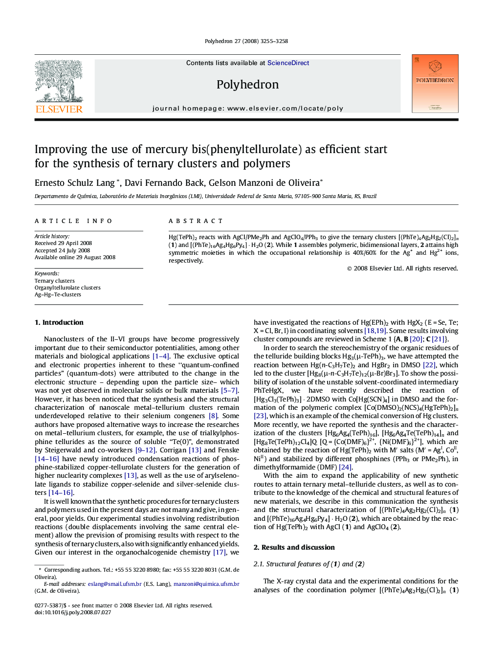 Improving the use of mercury bis(phenyltellurolate) as efficient start for the synthesis of ternary clusters and polymers