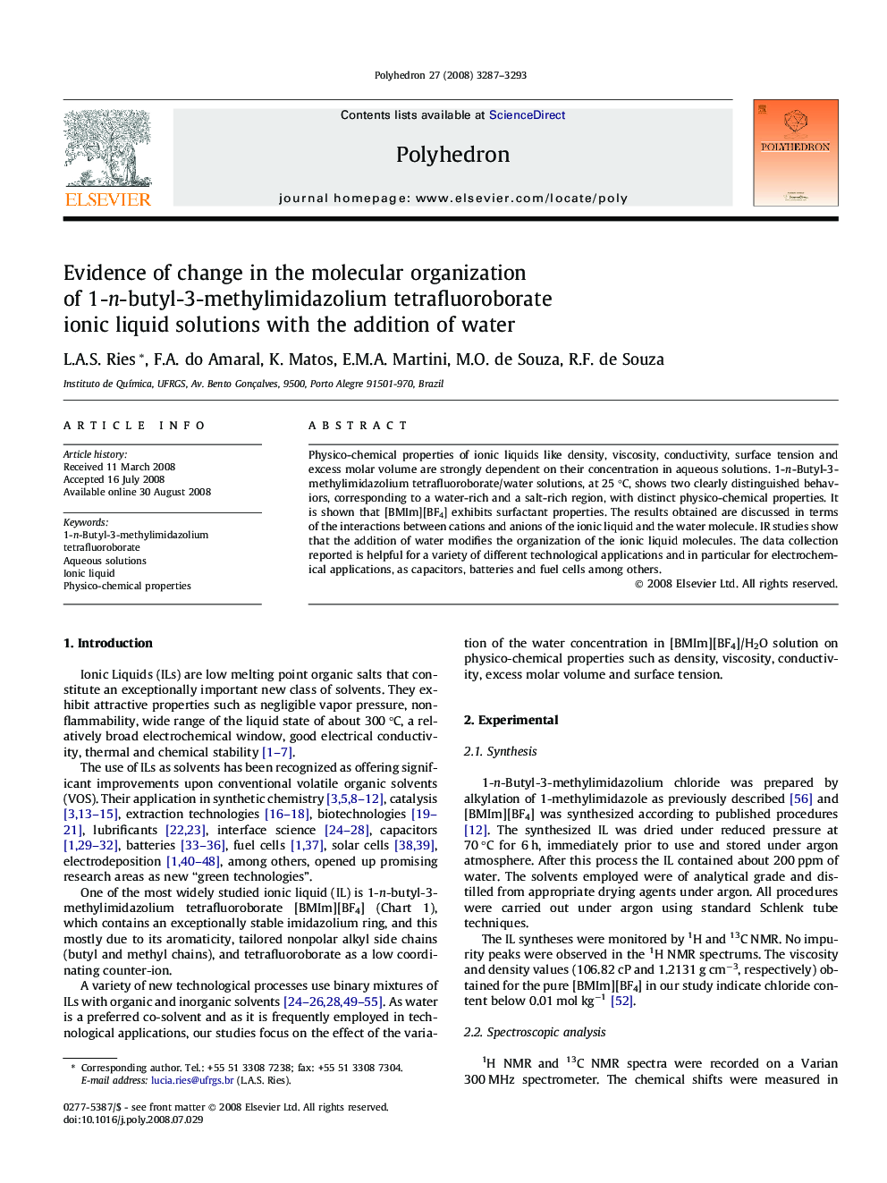 Evidence of change in the molecular organization of 1-n-butyl-3-methylimidazolium tetrafluoroborate ionic liquid solutions with the addition of water