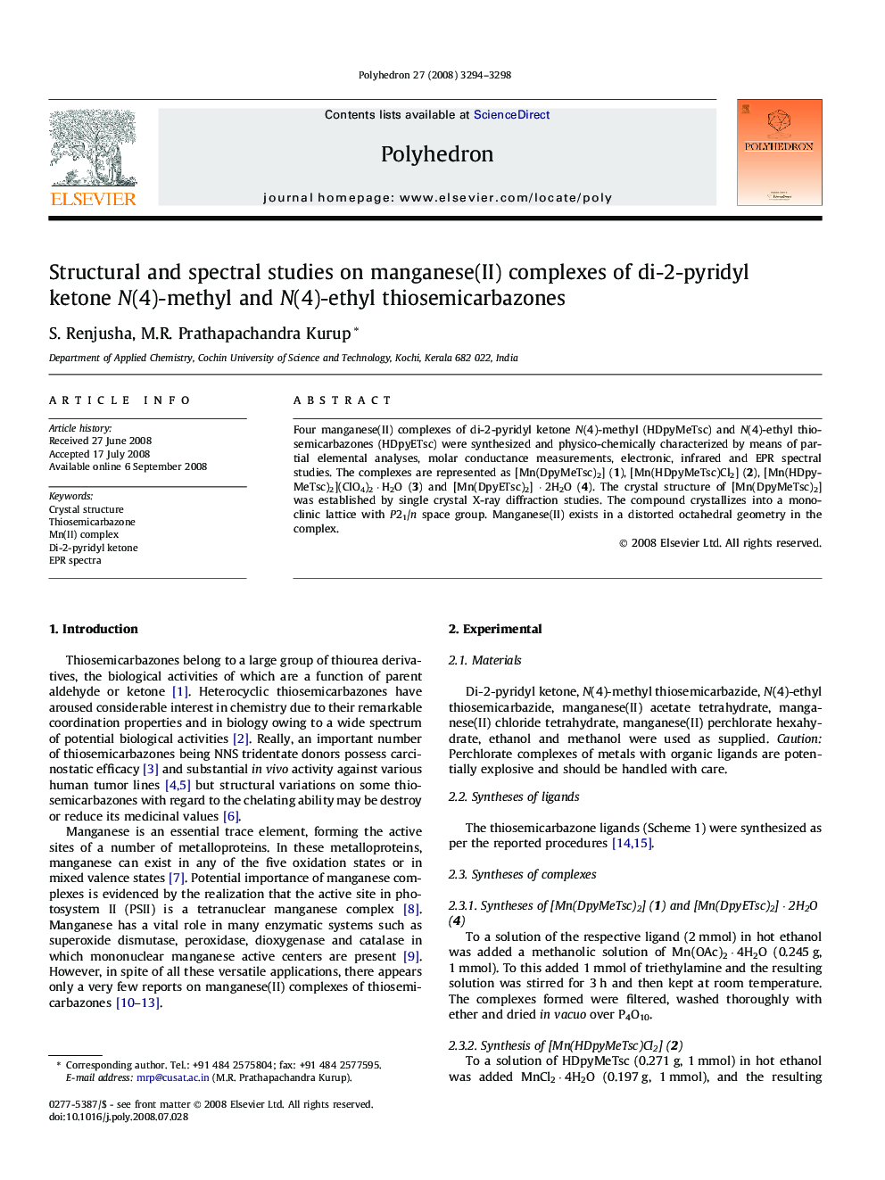 Structural and spectral studies on manganese(II) complexes of di-2-pyridyl ketone N(4)-methyl and N(4)-ethyl thiosemicarbazones