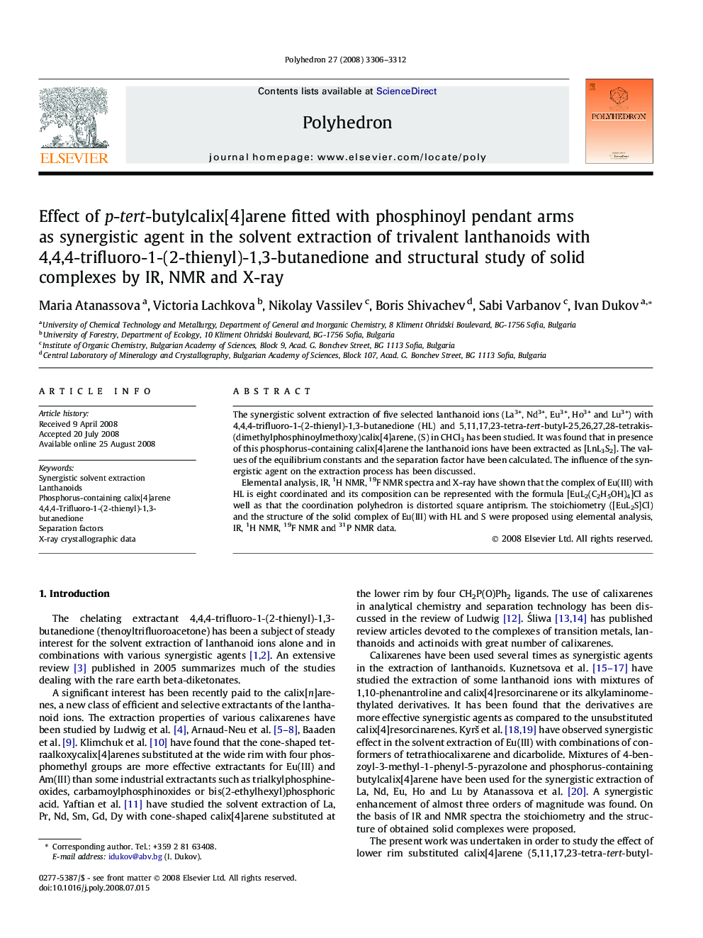 Effect of p-tert-butylcalix[4]arene fitted with phosphinoyl pendant arms as synergistic agent in the solvent extraction of trivalent lanthanoids with 4,4,4-trifluoro-1-(2-thienyl)-1,3-butanedione and structural study of solid complexes by IR, NMR and X-ra