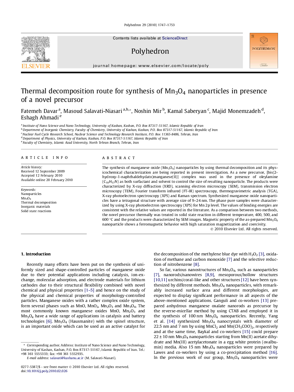 Thermal decomposition route for synthesis of Mn3O4 nanoparticles in presence of a novel precursor