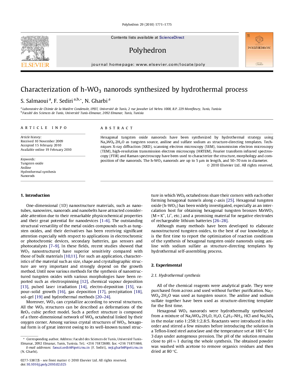 عکس صفحه اول مقاله: Characterization of h-WO3 nanorods synthesized by hydrothermal process Characterization of h-WO3 nanorods synthesized by hydrothermal process