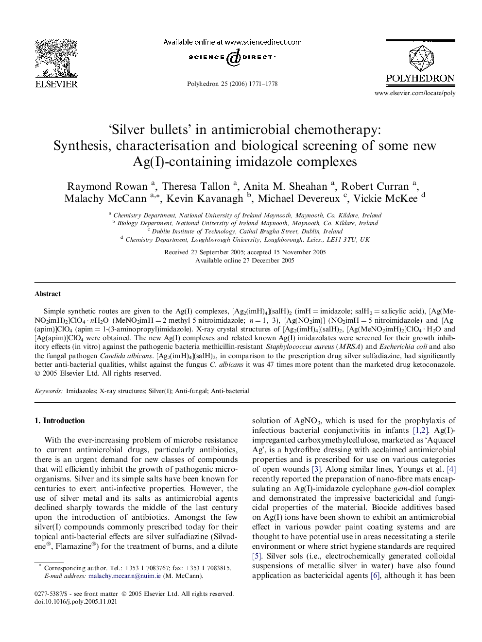 ‘Silver bullets’ in antimicrobial chemotherapy: Synthesis, characterisation and biological screening of some new Ag(I)-containing imidazole complexes