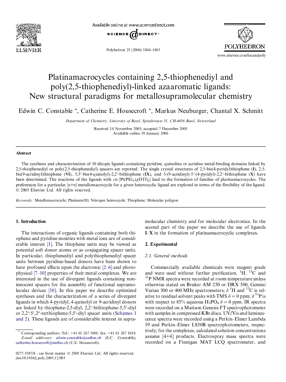 Platinamacrocycles containing 2,5-thiophenediyl and poly(2,5-thiophenediyl)-linked azaaromatic ligands: New structural paradigms for metallosupramolecular chemistry