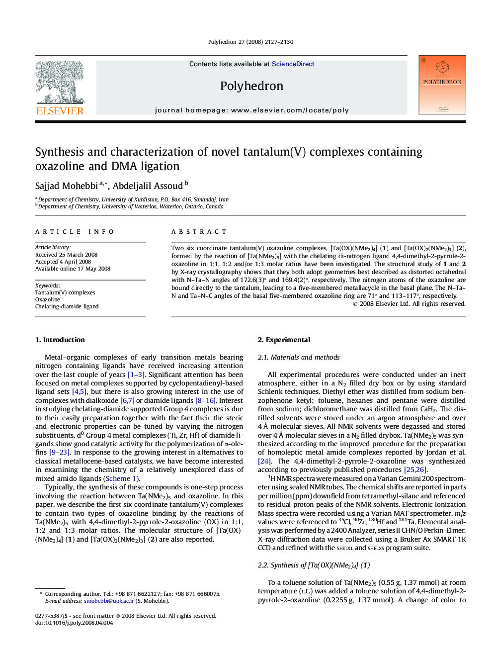 Synthesis and characterization of novel tantalum(V) complexes containing oxazoline and DMA ligation