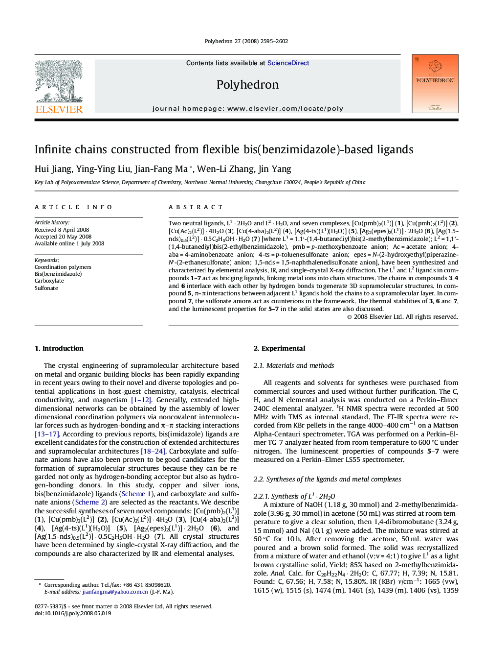 Infinite chains constructed from flexible bis(benzimidazole)-based ligands