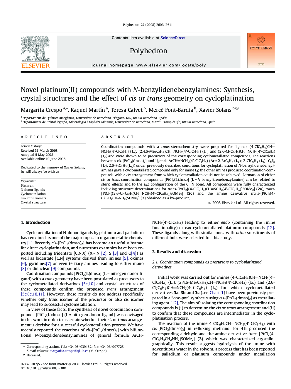 Novel platinum(II) compounds with N-benzylidenebenzylamines: Synthesis, crystal structures and the effect of cis or trans geometry on cycloplatination