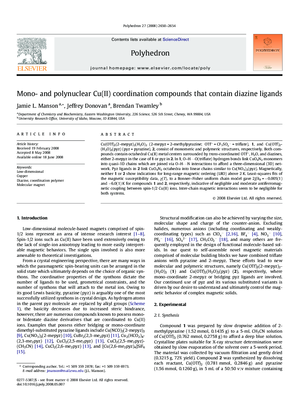 Mono- and polynuclear Cu(II) coordination compounds that contain diazine ligands