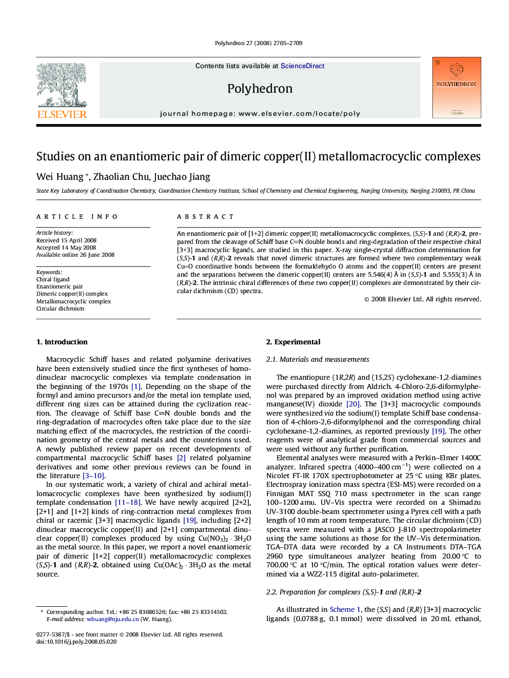 Studies on an enantiomeric pair of dimeric copper(II) metallomacrocyclic complexes