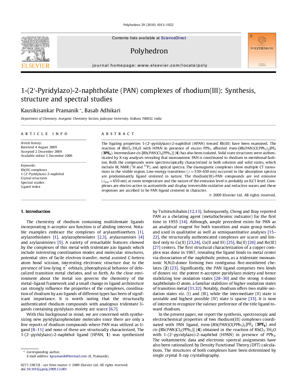 1-(2′-Pyridylazo)-2-naphtholate (PAN) complexes of rhodium(III): Synthesis, structure and spectral studies