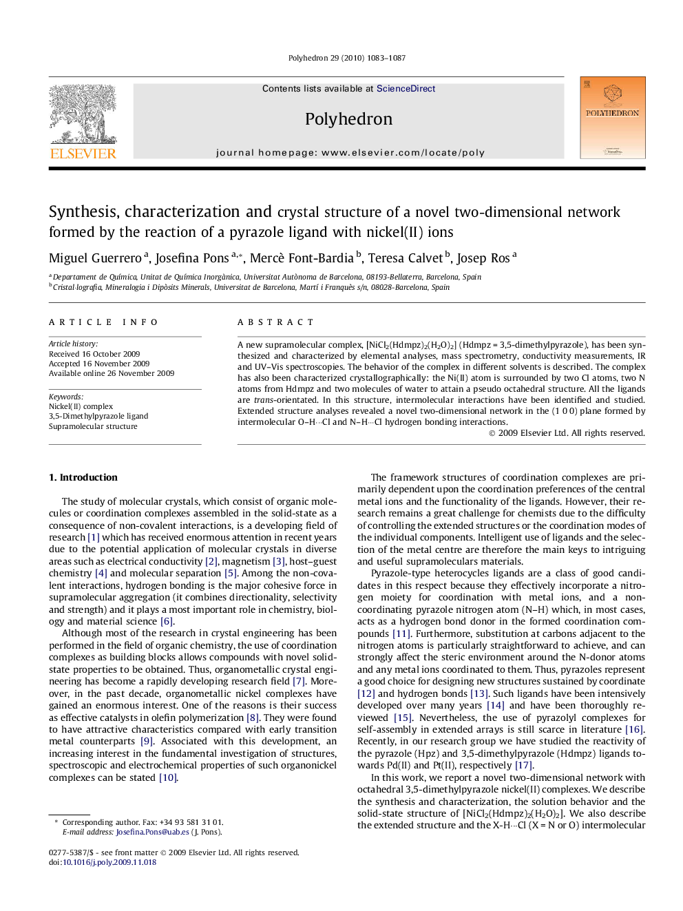 Synthesis, characterization and crystal structure of a novel two-dimensional network formed by the reaction of a pyrazole ligand with nickel(II) ions