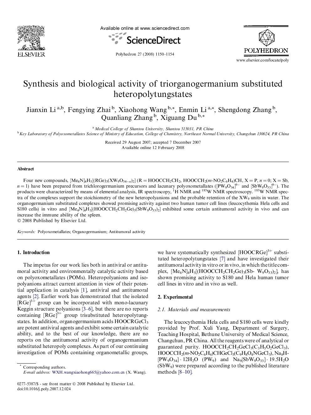 Synthesis and biological activity of triorganogermanium substituted heteropolytungstates