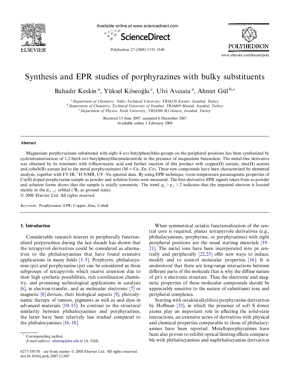 Synthesis and EPR studies of porphyrazines with bulky substituents