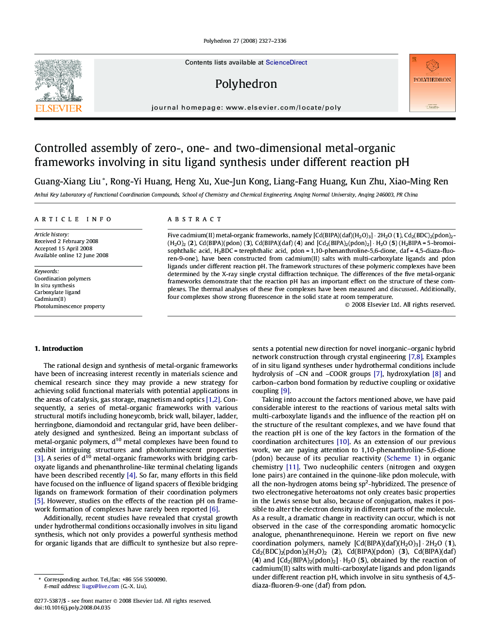 Controlled assembly of zero-, one- and two-dimensional metal-organic frameworks involving in situ ligand synthesis under different reaction pH